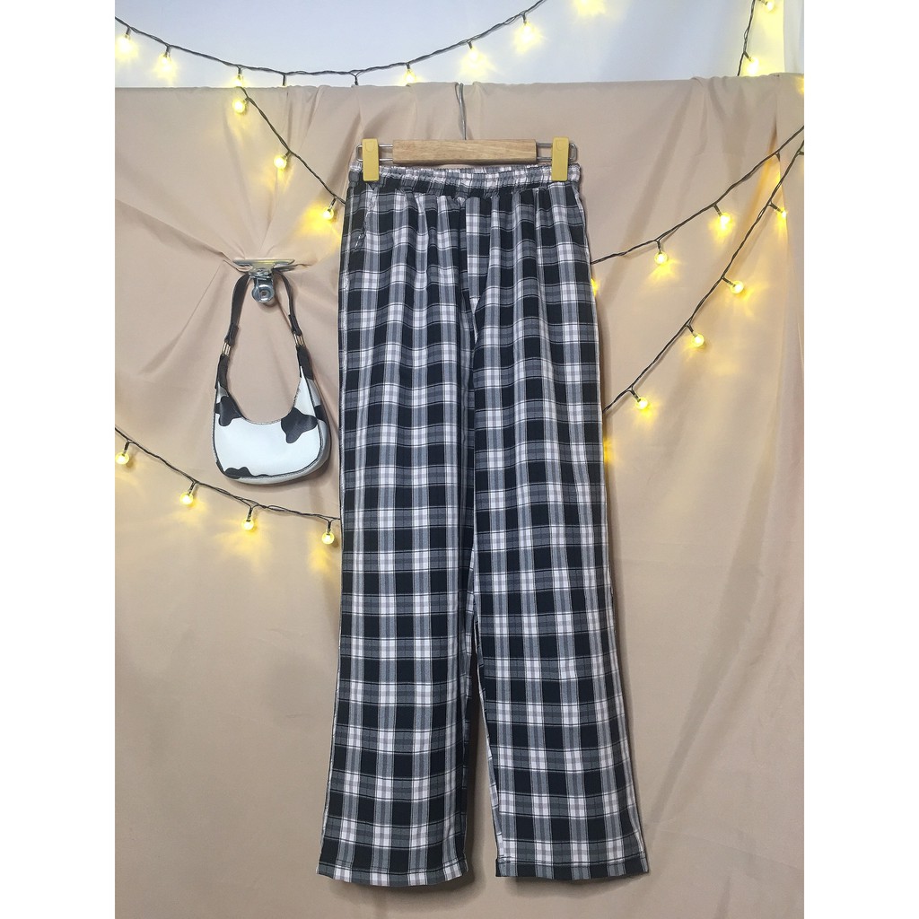 Quần caro ống rộng nữ dáng suông lưng thun caro pants phong cách ullzang bigsize