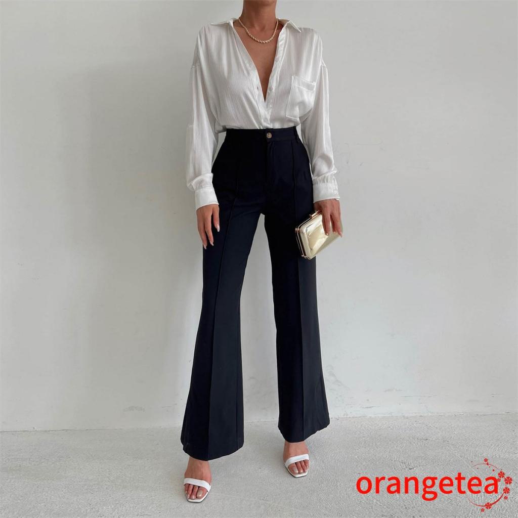 Quần Tây Ống Loe Dài Màu Trơn Thời Trang Công Sở Cho Nữ