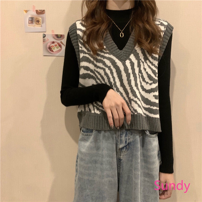 Áo len không tay cổ chữ v dáng rộng in họa tiết ngựa vằn thời trang mùa đông cho nữ