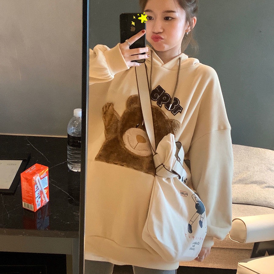 Áo hoodie dài tay dáng rộng in họa tiết hoạt hình phong cách Hàn Quốc thời trang thu đông xinh xắn cho nữ