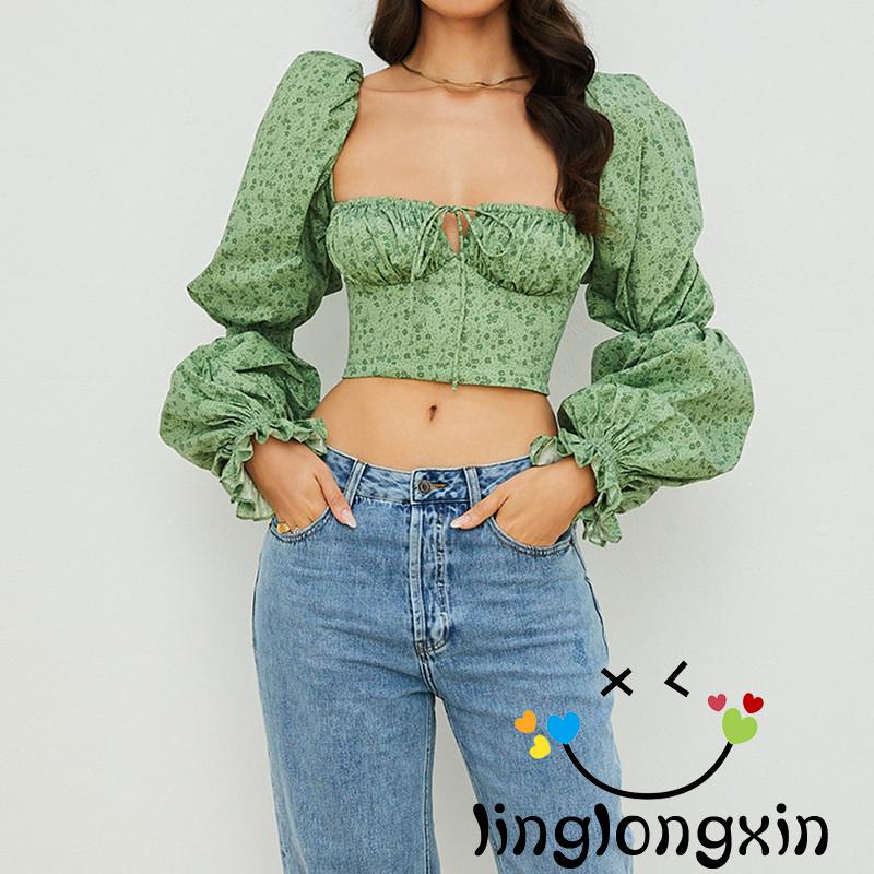 Áo thun tay phồng cổ vuông hở rốn thời trang cho nữ