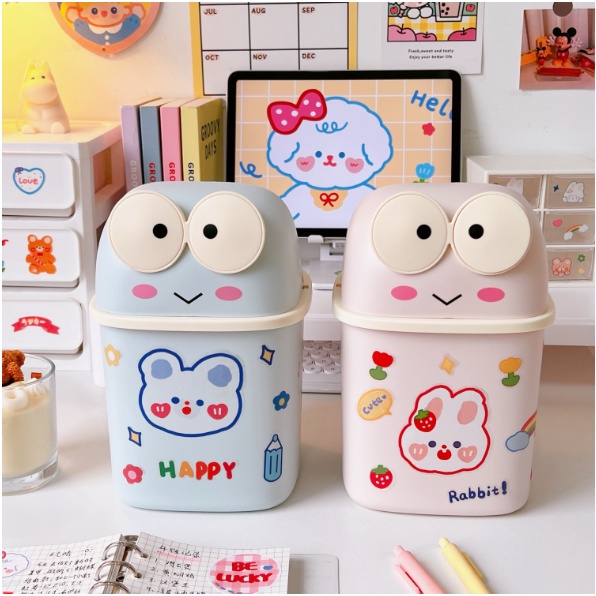 Giỏ đựng rác xinh cỡ lớn chú ếch dễ thương, Ống cắm bút có nắp đậy Tặng Sticker trang trí bàn học bàn làm việc giá rẻ