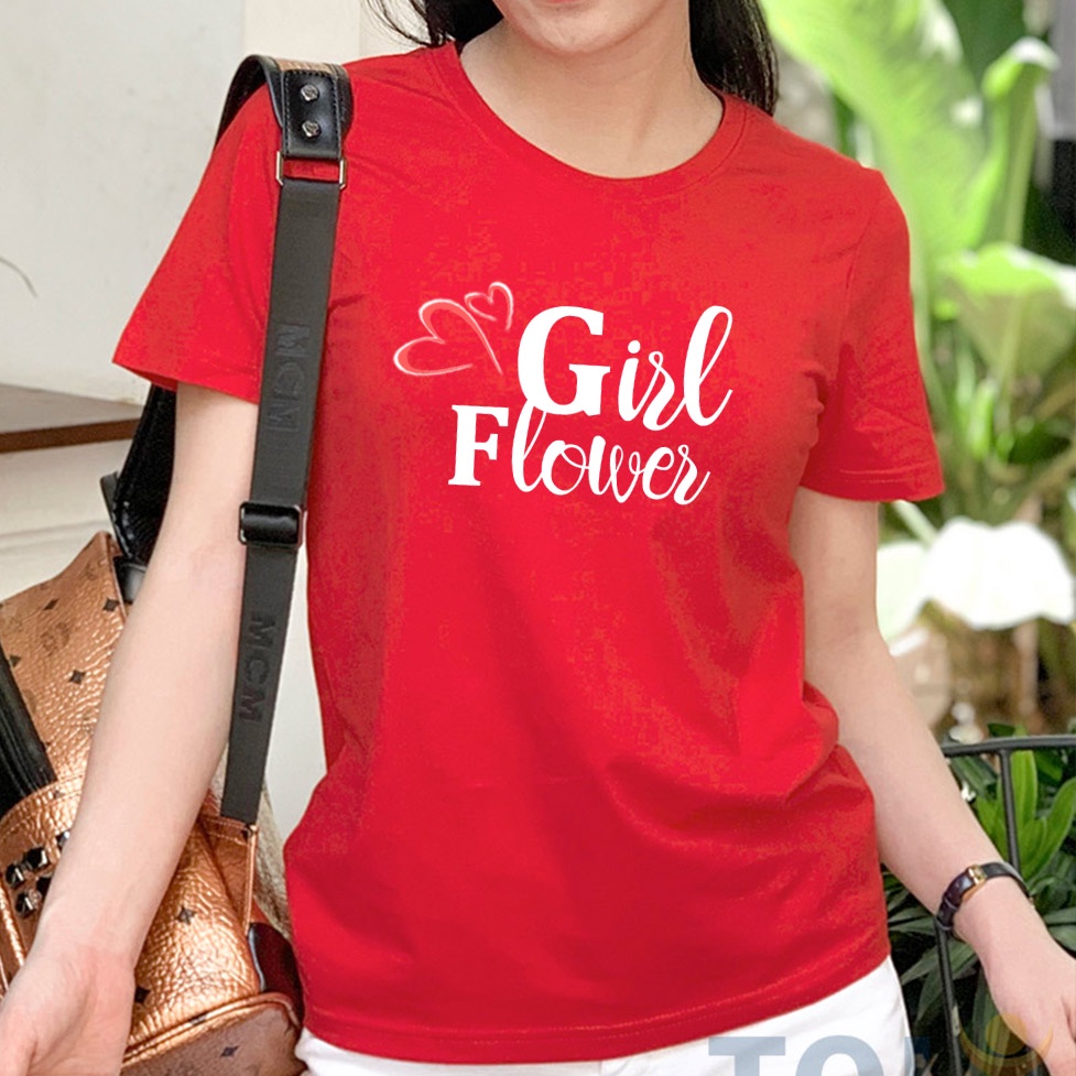 Áo thun nữ cổ tròn màu đỏ in hoa sứ TOLI, 100% cotton 4 chiều mềm mịn, co dãn, form suông cơ bản