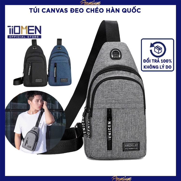 Túi vải canvas đeo chéo nam mini, túi đeo chéo nam có lỗ tai nghe tiện lợi cách Hàn Quốc