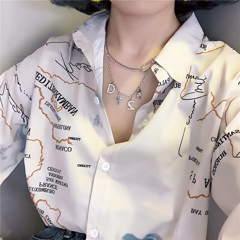 LEEVA - Áo sơ mi nữ dáng rộng phong cách cá tính in hình tay lỡ: Trắng bạc