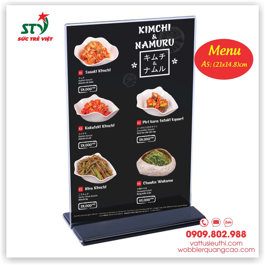 Bảng menu mica A5, Menu mica để bàn A5, Kệ mica để bàn A5, Menu mica A5