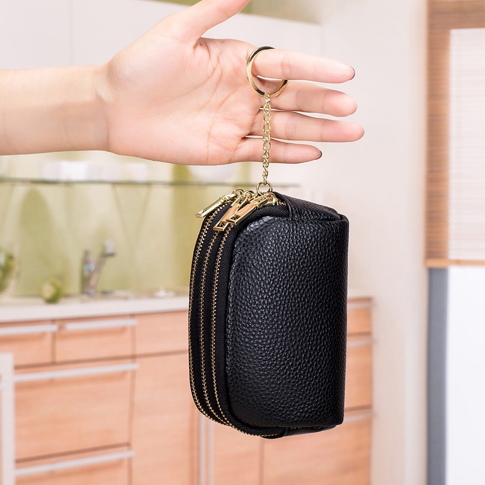 Ví Da Bò Thật Ba Lớp Có Khóa Kéo Đa Năng Phong Cách Hàn Quốc Cho Nữ