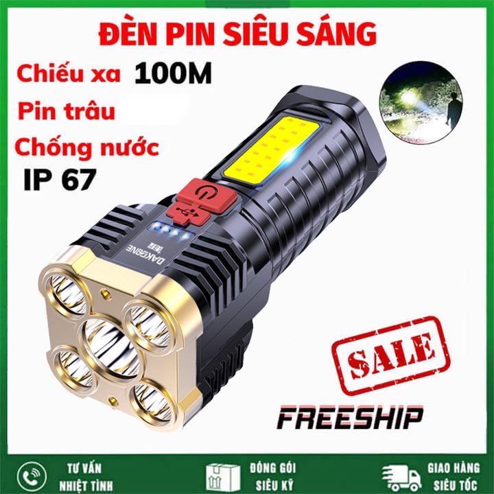 Đèn pin led sạc siêu sáng cầm tay 4 chế độ, đèn pin cầm tay 5 COB có đèn cạnh cap sạc micro USB