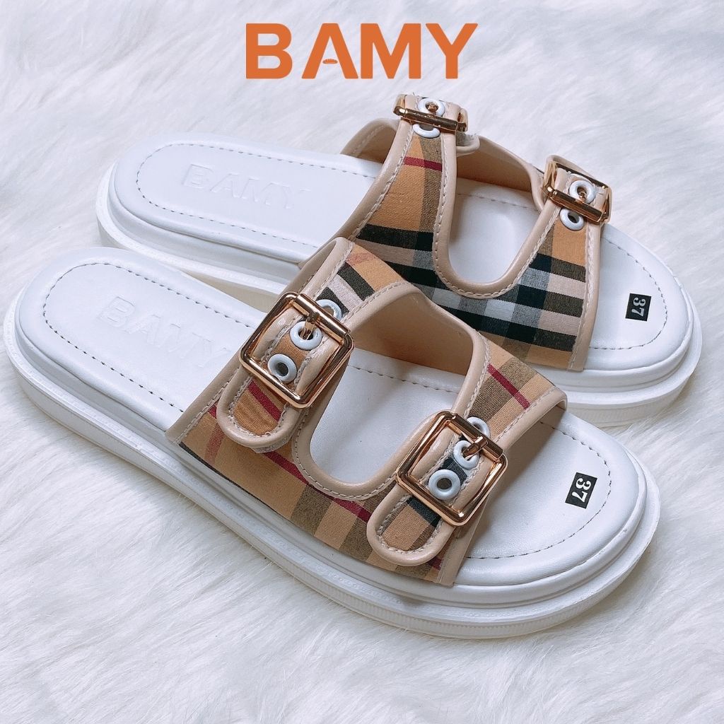 Dép Sandal nữ 2 quai ngang gắn Khuy Vuông BAMY, Dép thời trang nữ Hàn Quốc đế bằng cao 3cm