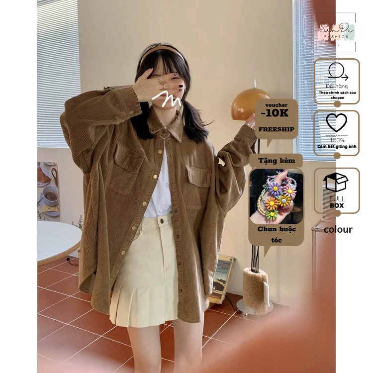 Áo Sơ mi Nhung Tăm - Áo dài tay có cổ unisex SanDi