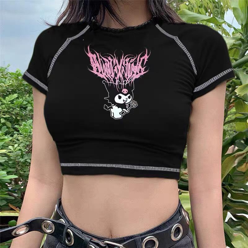 Áo Croptop Cổ Tròn Tay Ngắn Viền Chỉ In Hình Quỷ Siêu Ngầu