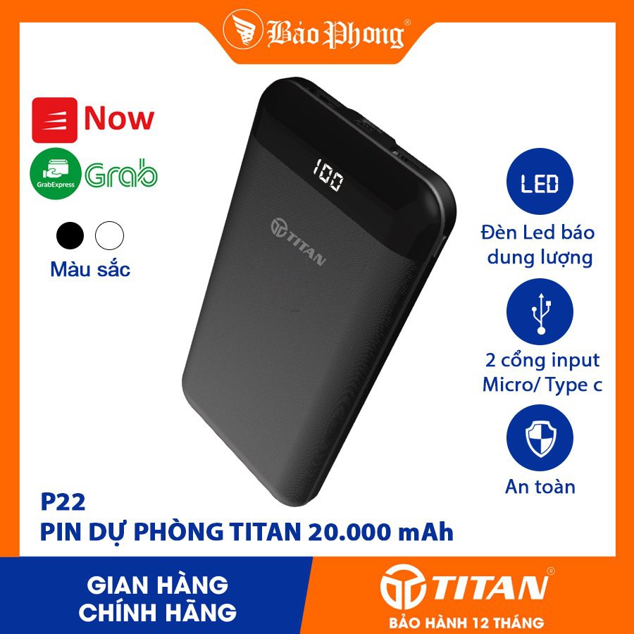 Pin Sạc Dự Phòng 20000 mAh TITAN P22 Cổng USB Type C iPhone Micro cho iP 6 7 8 plus x xs max 11 12 pro SAMSUNG OPPO xịn