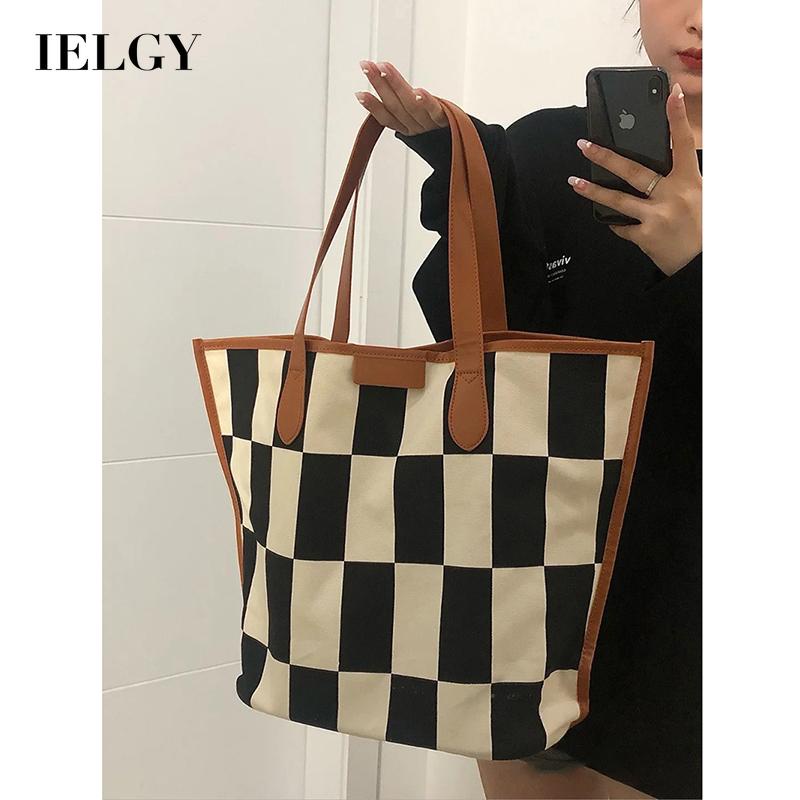 Túi đeo vai bằng vải canvas sức chứa lớn họa tiết bàn cờ kẻ ô dành cho bạn nữ