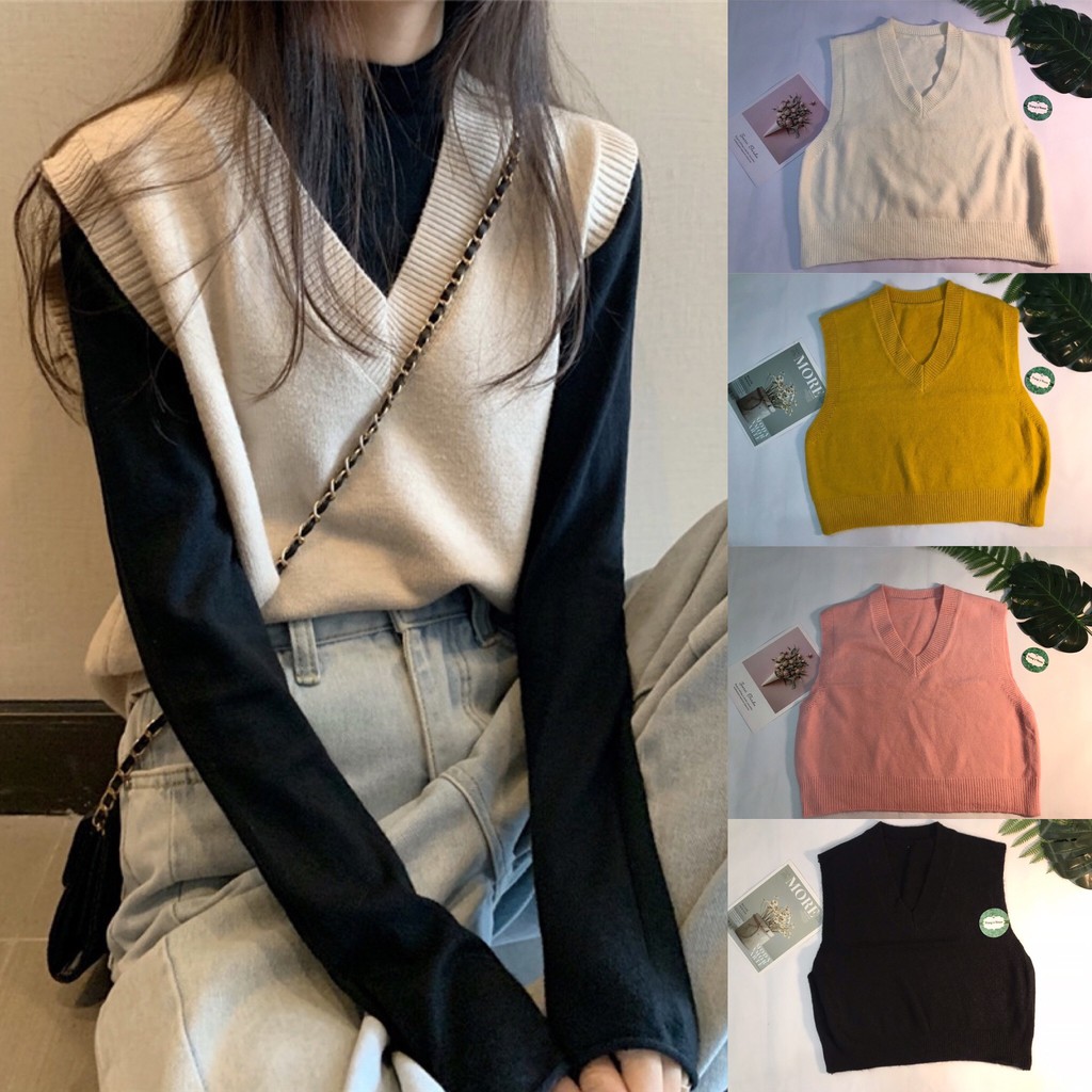Áo gile len nữ tăm mịn cao cấp cổ V đen, trắng,hồng,vàng mặc cùng áo len cổ lọ cực xinh MSP428 | BigBuy360 - bigbuy360.vn