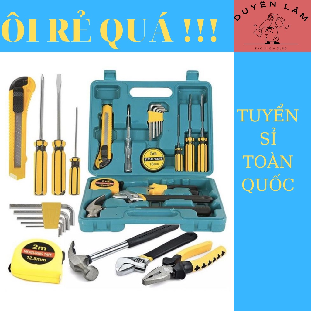 Bộ Dụng Cụ Sửa Chữa, Búa Kìm Tô Vít Mỏ Lết Thước Dao Băng Keo Bút Thử Điện- Bộ Đa Năng 16 Món