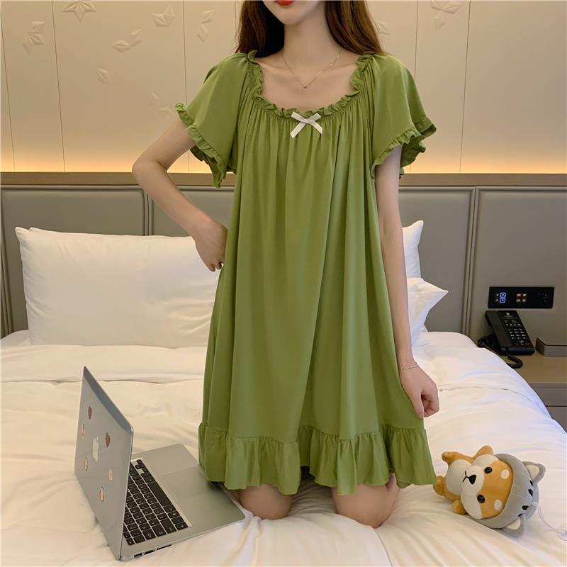 Đầm Ngủ Màu Sắc Trơn Đính Nơ Xinh Xắn Thời Trang Mùa Hè Hàn Quốc Cho Nữ
