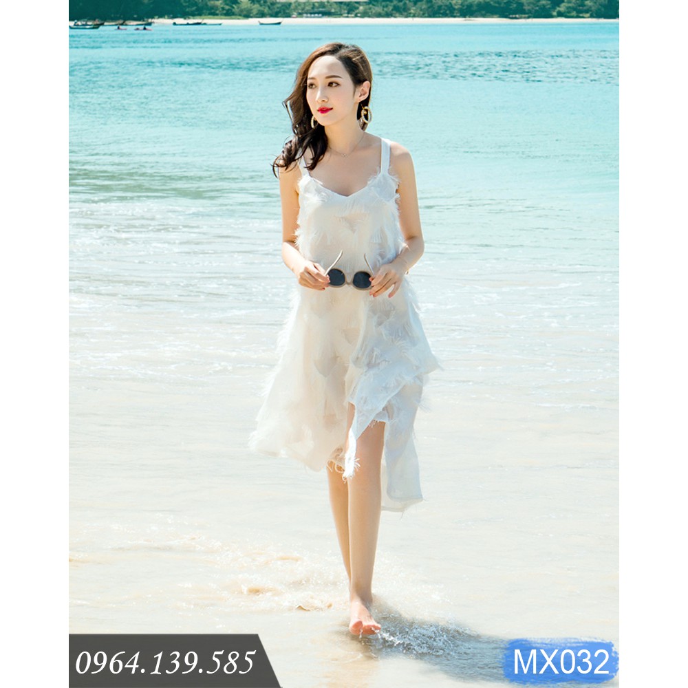 [SALE LẺ SIZE XL] - Đầm đi biển lông vũ trắng nhiều lớp, đẹp độc đáo và riêng biệt | MX032