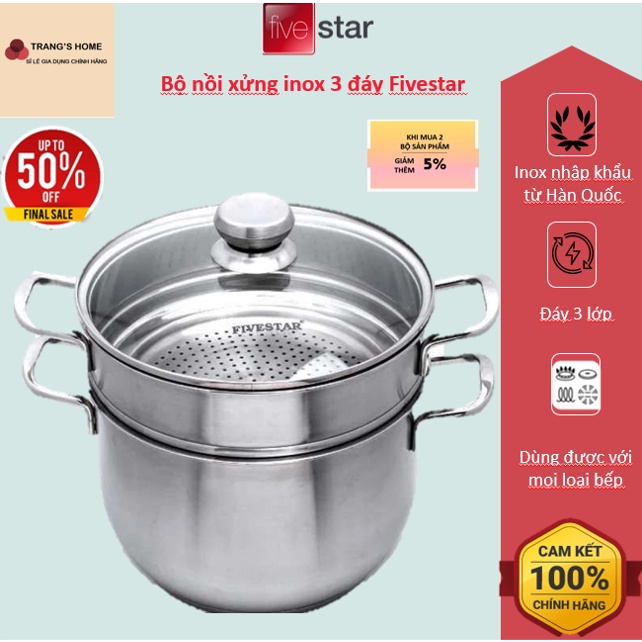 Bộ nồi xửng inox 3 đáy Fivestar 26cm, Nồi hấp vung kính fivesatr size 26