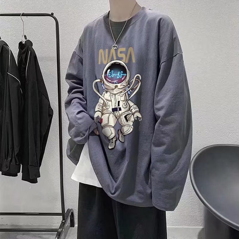 Áo Thun Tay Dài Cổ Tròn Dáng Rộng In Hình Phi Hành Gia Kiểu Hip-Hop Đường Phố Cho Nam Cỡ Lớn M-5XL