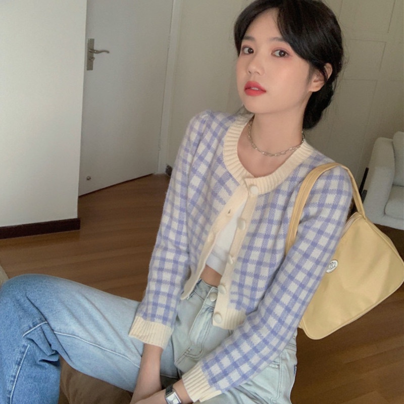 Áo Cardigan Dệt Kim Tay Dài Cổ Tròn Họa Tiết Sọc Caro Phong Cách Hàn Quốc Xinh Xắn