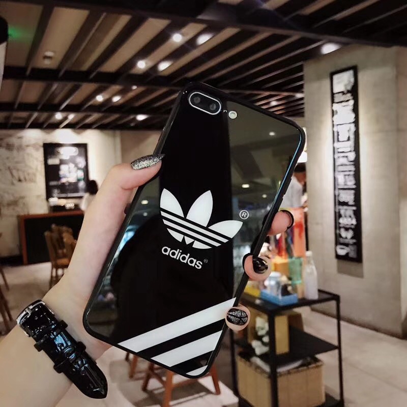 Ốp điện thoại mặt kính cường lực hình logo Adidas cho iPhone 6 6S 7 8 Plus X