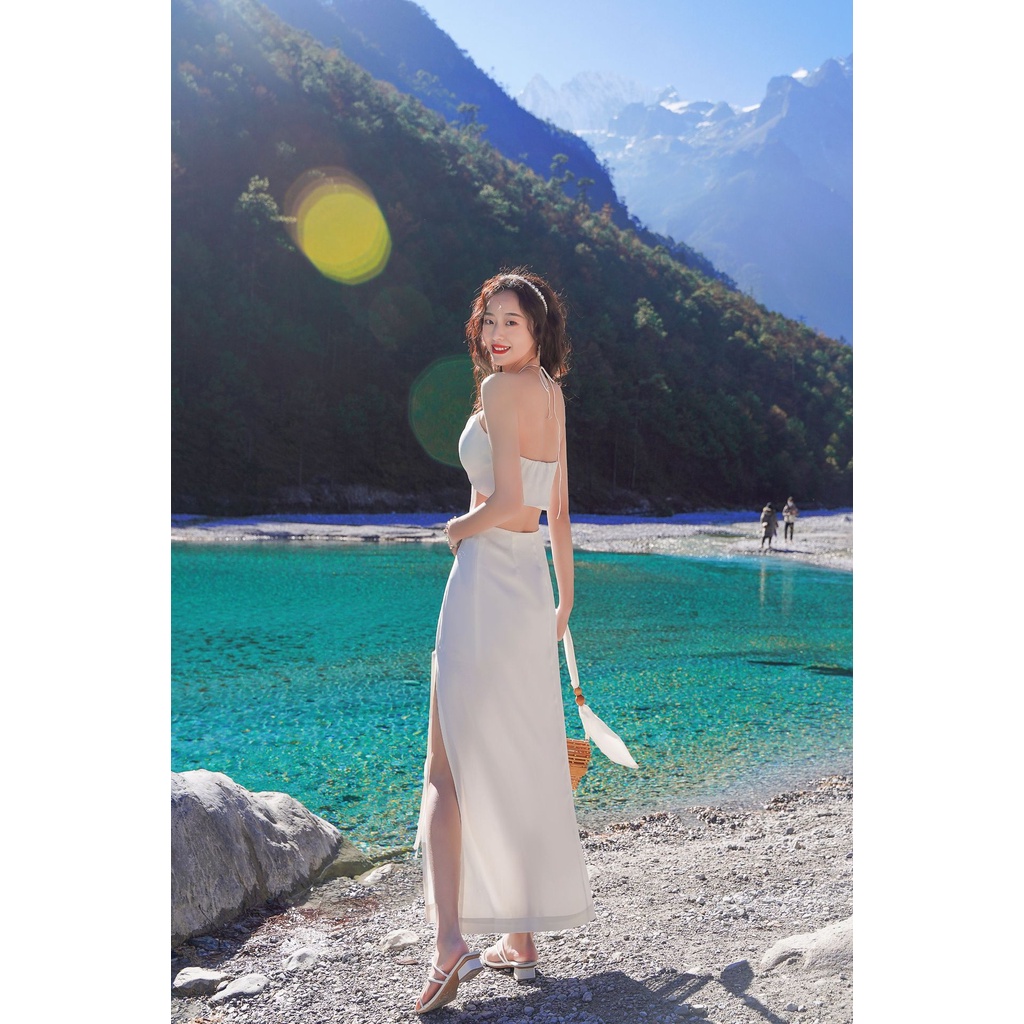 Váy nữ trắng đi biển Bikini dáng dài kiểu Hàn Quốc maxi 8139 DK1T403