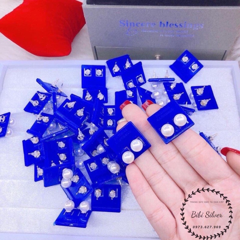Bông tai nữ bạc ta chốt thẳng gắn hạt châu 8ly - Nụ bạc Bibi