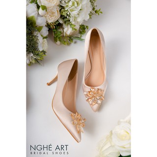 Giày cưới Nghé Art lụa satin đính hoa đá 350-NUDE