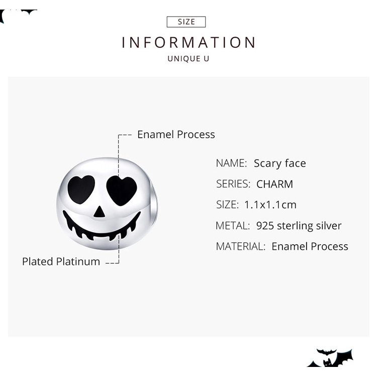 Hạt Charm Bamoer SCC1359 Trang Trí Vòng Tay Hình Đầu Lâu Tròn Bạc 925 Cho Dịp Halloween