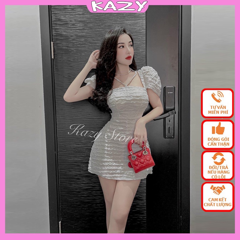 Váy dự tiệc cổ chéo tay bồng, Váy cổ yếm chất Xốp hoa văn đẹp KAZY STORE V17