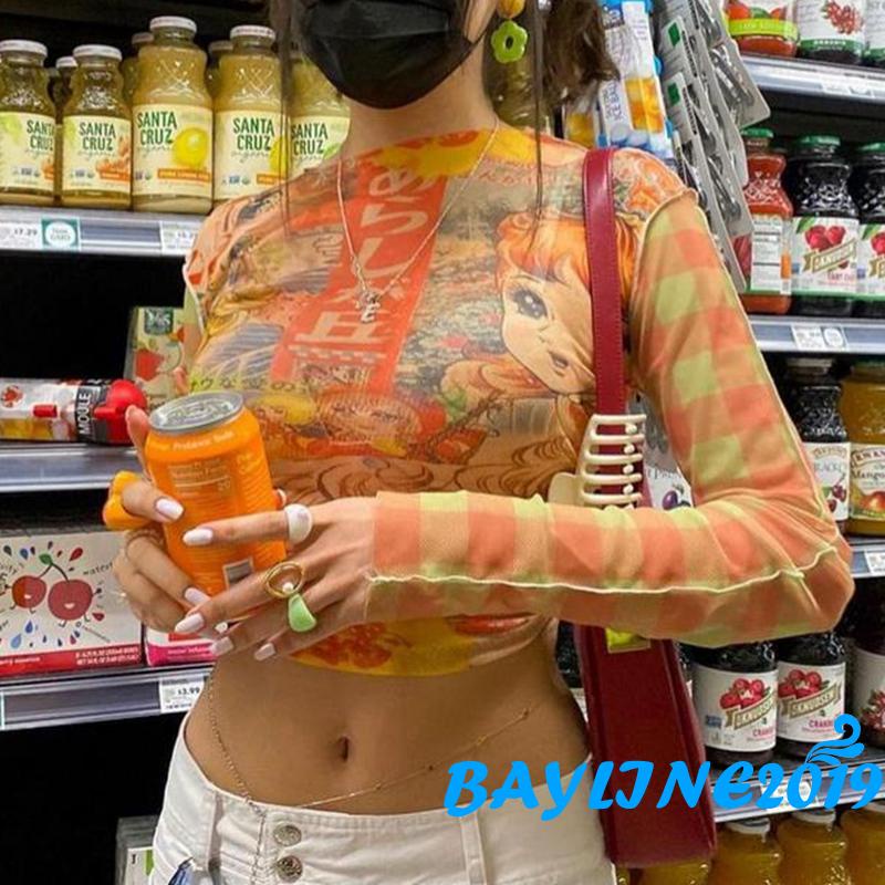 Áo lửng tay dài cổ tròn in hoạt hình hợp thời trang cho nữ