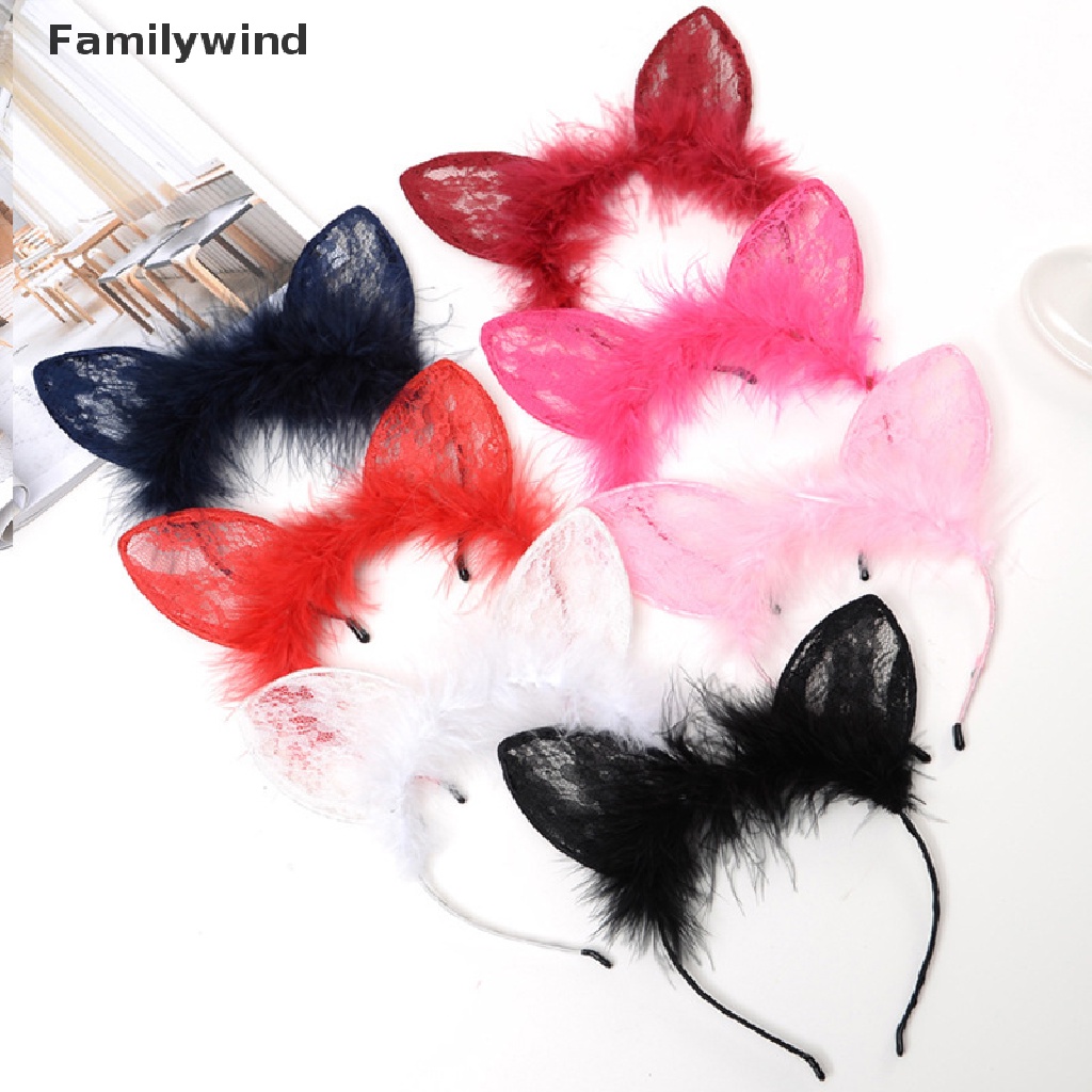 Băng Đô Cài Tóc Hình Tai Mèo Bằng Ren Ruy Băng Thắt Nơ Màu Trơn Dễ Thương Cho Nữ