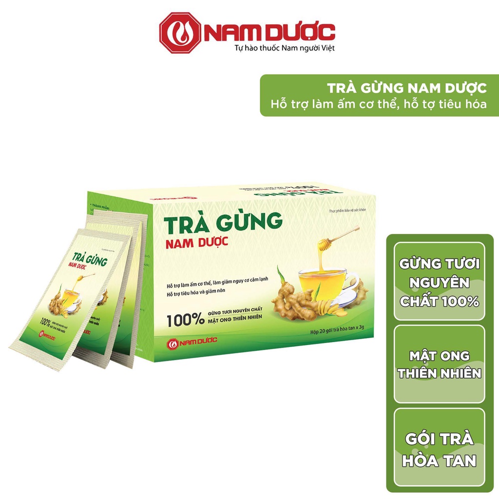 Trà gừng Nam Dược hộp 20 gói x 3g làm ấm cơ thể, giảm nguy cơ cảm lạnh, hỗ trợ tiêu hóa và giảm nôn