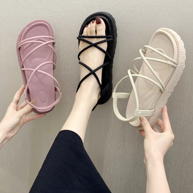 Giày (dép) sandal dây đi biển, giày xăng-đan đế bằng 3 phân xinh xắn style Hàn Quốc