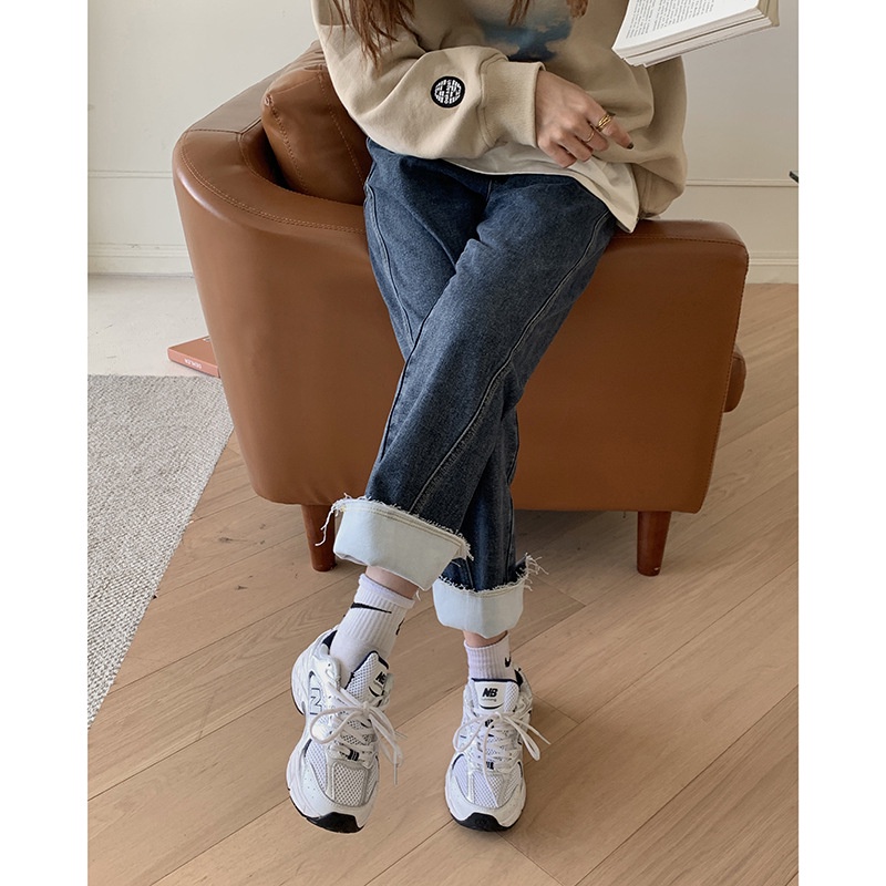 Quần Jean Ống rộng nữ Retro Lưng cao Dáng suông Hàn Quốc Quần bò nữ Cạp cao Ulzzang Thời trang