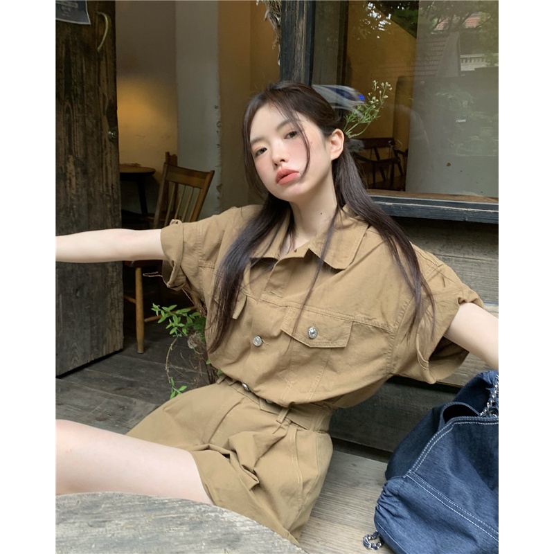 Jumsuit áo liền quần màu nâu kaki năng động mùa hè Inin Shop