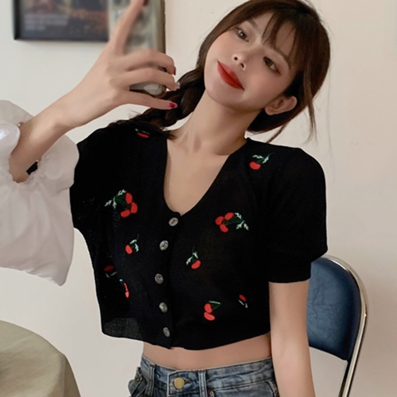 Áo Cardigan Ngắn Tay Thêu Hình Trái Cherry Xinh Xắn Dành Cho Nữ
