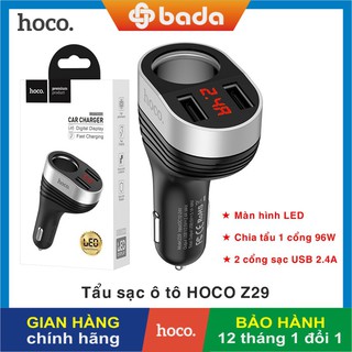 [Bada Store] Tẩu sạc ô tô cao cấp chính hãng HOCO Z29 cho xe hơi, có chia tẩu + sạc nhanh 2 cổng USB 2.4A, màn hình LED