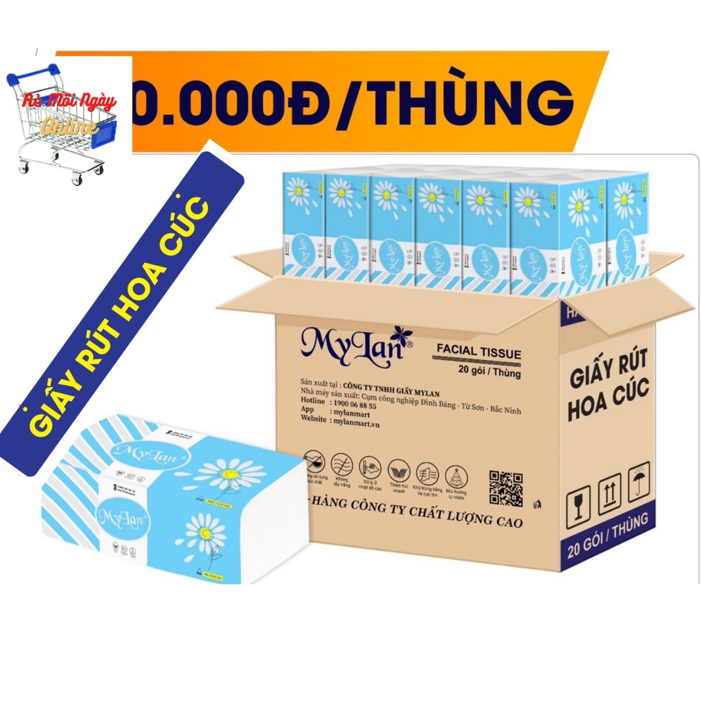 1 Thùng (20 gói) Giấy ăn, Giấy Rút Hoa Cúc 4 Lớp Mylan ( 400 tờ/ gói ) Siêu Tiết Kiệm,Siêu Dai,Siêu Mềm Mịn