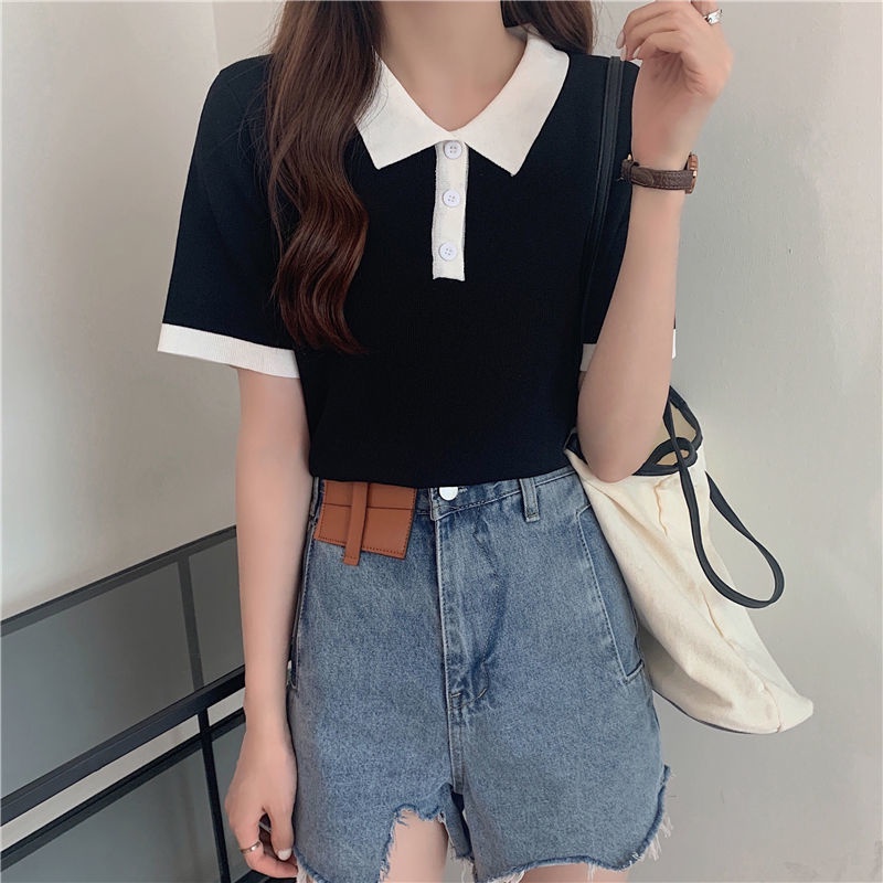 Áo Thun Polo Ngắn Tay Thời Trang Hàn Quốc 175228 Áo Thun Gân Tay Ngắn Dễ Phối Đồ Cho Nữ