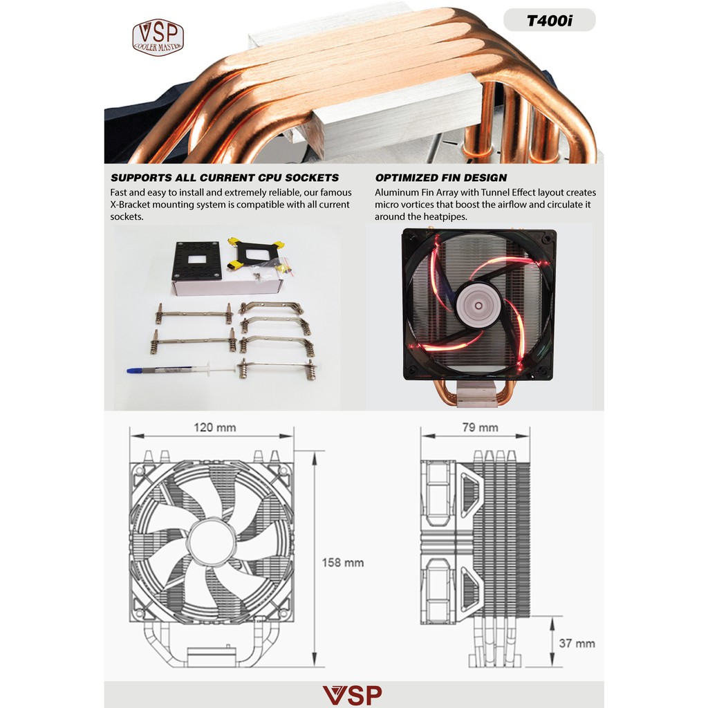 [HÀNG CHÍNH HÃNG] Tản Khí CPU VSP T400i LED Đỏ - Hỗ Trợ Đầy Đủ Socket Intel Và AMD AM4