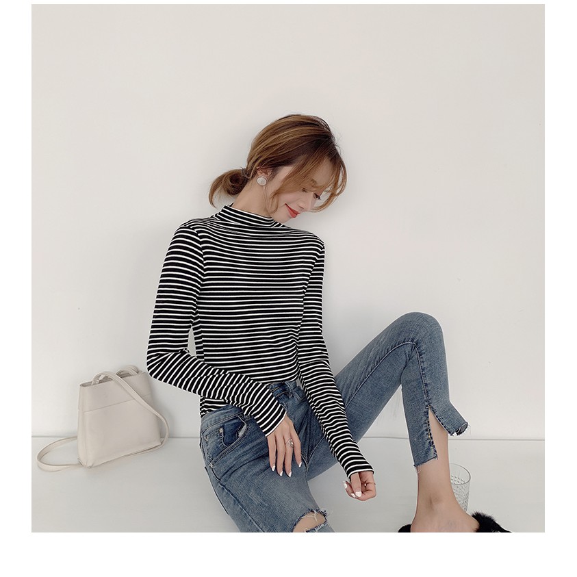 Áo thun tay dài kẻ sọc cổ cao phom croptop ôm body BS05