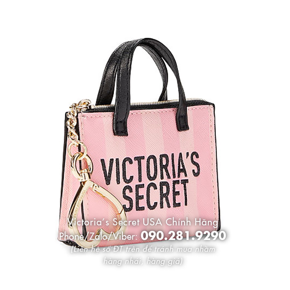 Móc khóa túi sọc hồng, có khóa  kéo, in chữ VS đen, KT 13x10cm - Victoria's Secret USA