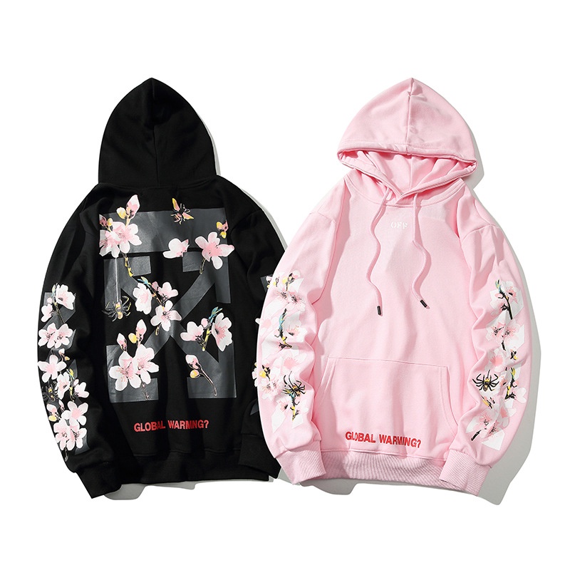 off white Áo Hoodie Kiểu Nữ Hoa In Đội Mũ Trùm Đầu Cặp Vợ Chồng Mỏng Áo Len