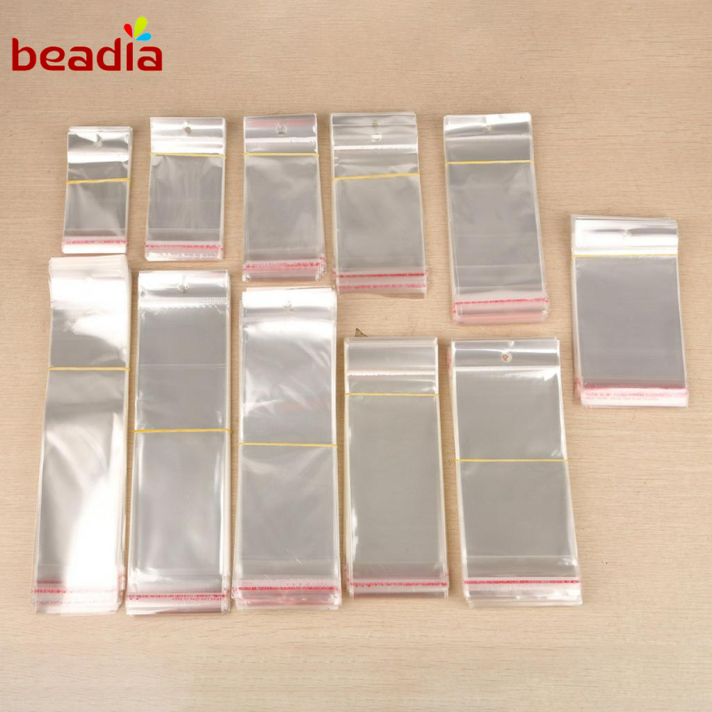 Set 100 túi đựng đồ BEADIA bằng nhựa OPP trong suốt có lỗ treo tiện dụng