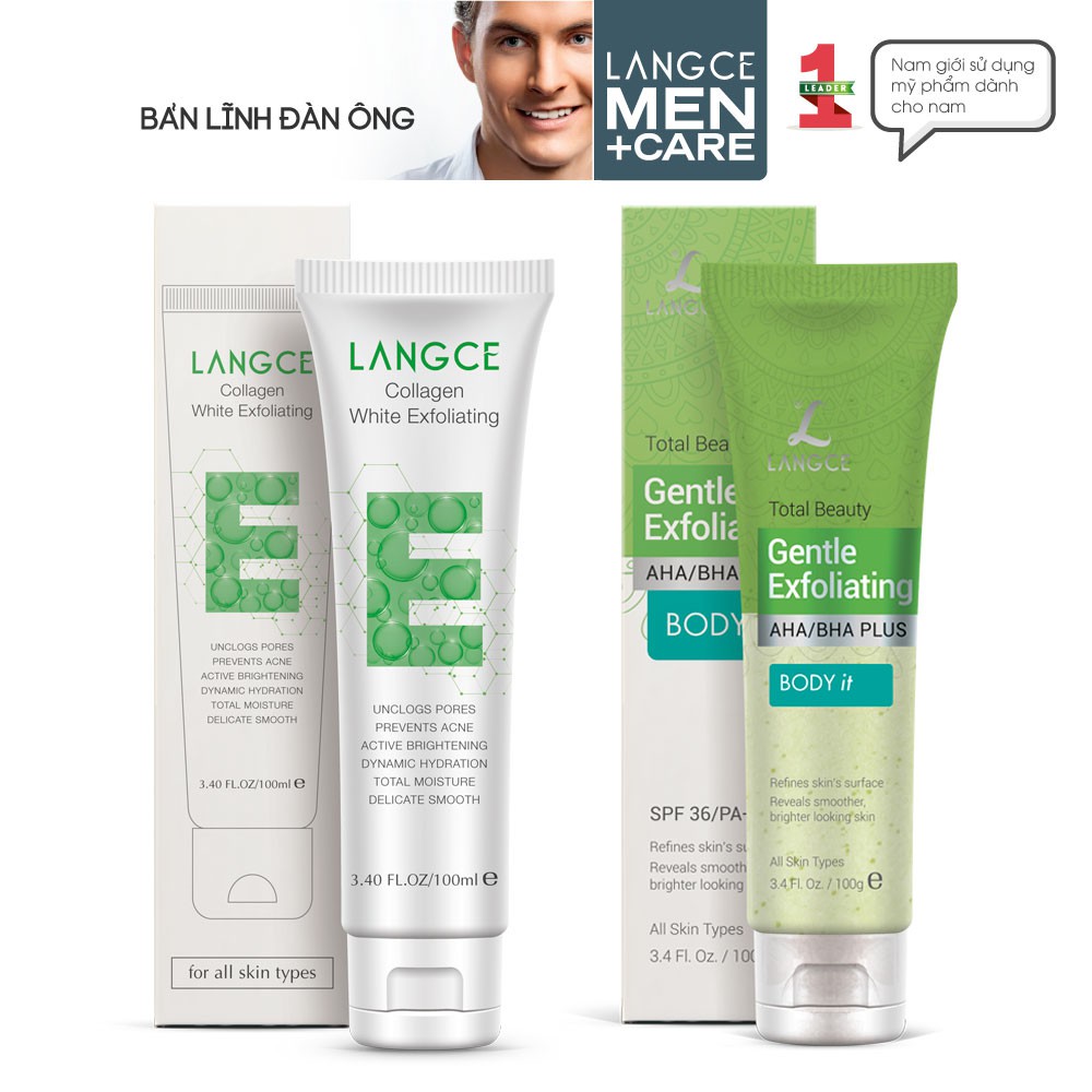 Bộ Tẩy Tế Bào Chết Collagen Trắng Da Cấp Ẩm Ngừa Mụn 100ml và Tẩy Tế Bào Chết Toàn Thân 100ml LANGCE dành cho Nam
