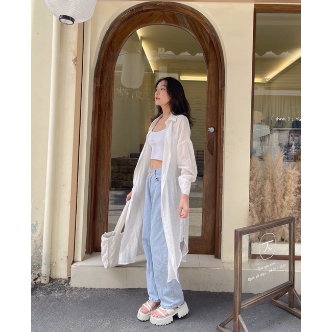 WEDNESDAY Áo sơ mi chất vải tơ linen dáng dài hàn quốc- Long Shirt