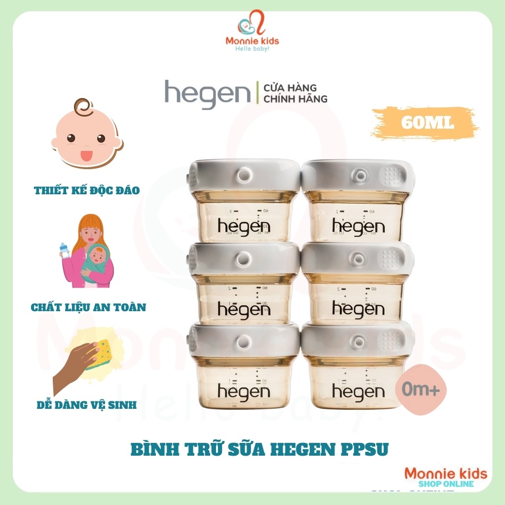 Set 6 bình trữ sữa HEGEN PPSU 60ML, combo bình đựng sữa mẹ cao cấp nắp trắng - Monnie Kids