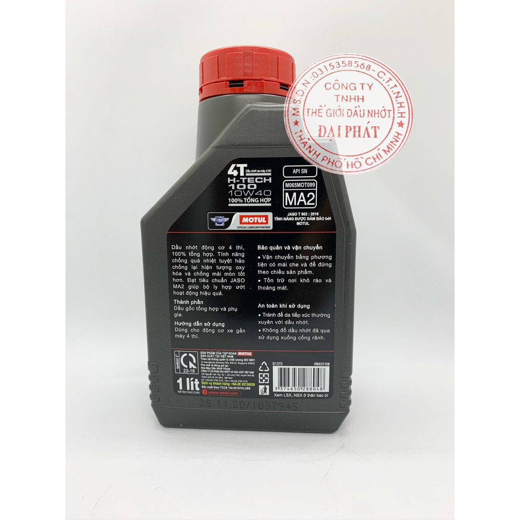 Dầu nhớt tổng hợp 100% Motul H-Tech100 10w40