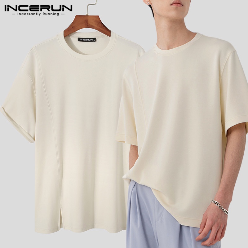 Áo thun INCERUN tay ngắn cổ tròn màu trơn thời trang mùa hè dành cho nam